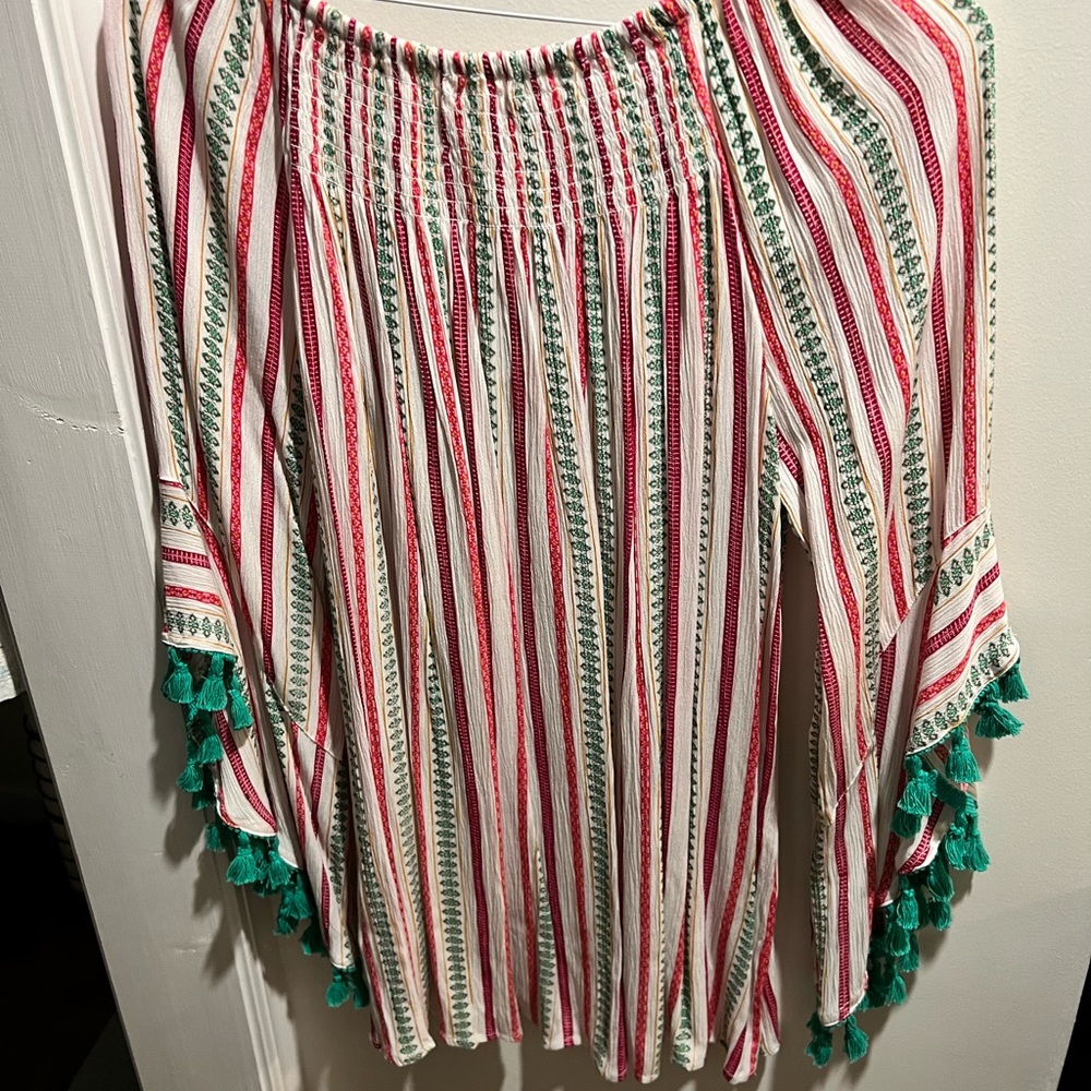 Studio West Pink and Red Smocked Blouse with 3/4 Sleeves - Picture 3 of 5
